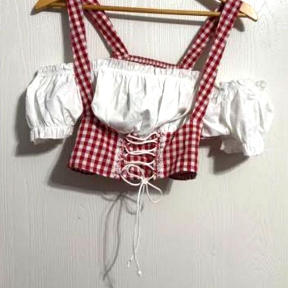 Red Gingham Milkmaid Corset Crop Top Puff Sleeve Cottagecore Coquette Women's M
